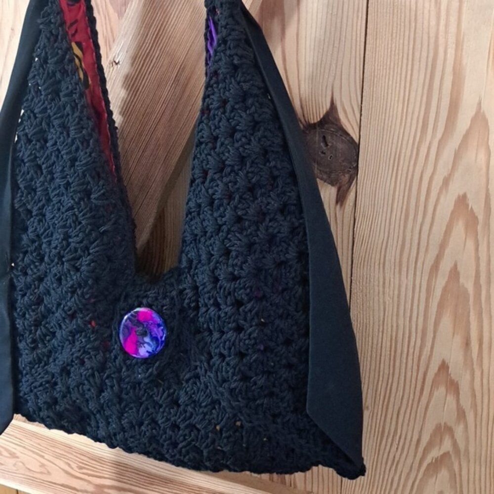 Hand Crafted Crochet Granny Square Three Triangle Cotton Bag Purse Tote - Picture 9 of 15